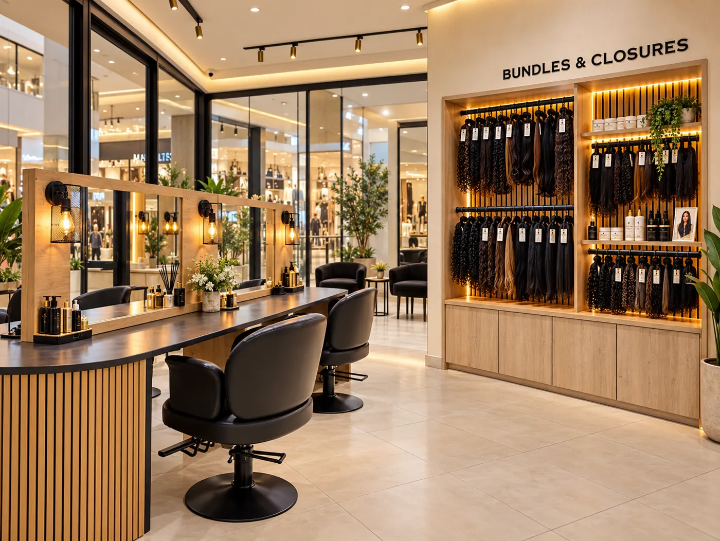 Styling stations beside the bundles and closures wall